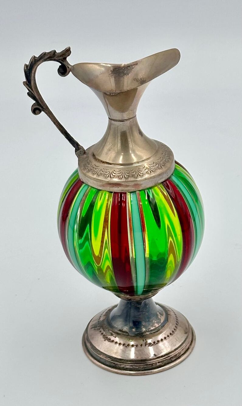 Italian Handblown Murano Art Glass and Silver Oggetti Colorful Mini Pitcher